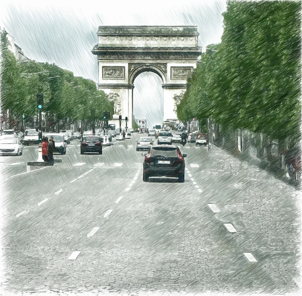 Arc de Triomphe, Avenue des Champs-Élysées-ben Párizsban. Digitális illusztráció — Stock Fotó