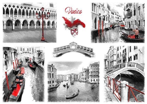 Venice landmarks. Illustration in draw, sketch style