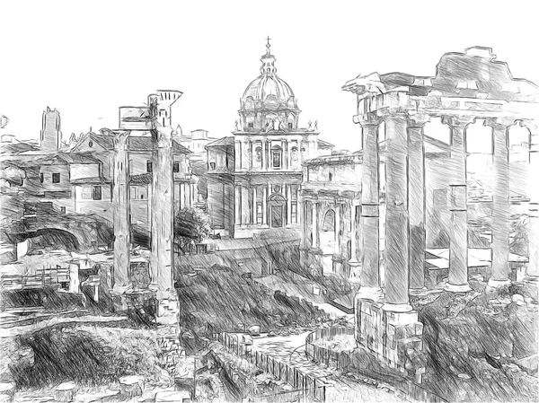 Ρωμαϊκά ερείπια στη Ρώμη, ρωμαϊκή αγορά. Εικονογράφηση σε ισοπαλία, σκίτσο στυλ — Φωτογραφία Αρχείου