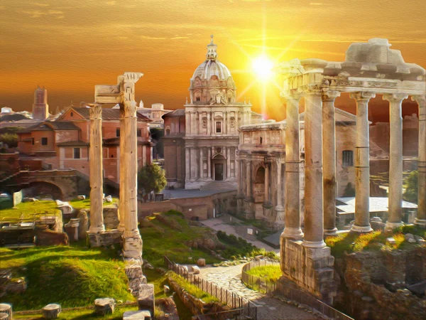 Romeinse ruïnes in Rome, Forum Romanum. Illustratie in olieverf Schilderstijl — Stockfoto