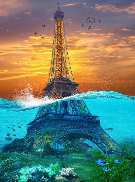Torre Eiffel hundida. Ilustración surrealista en estilo de pintura al óleo suave —  Fotos de Stock