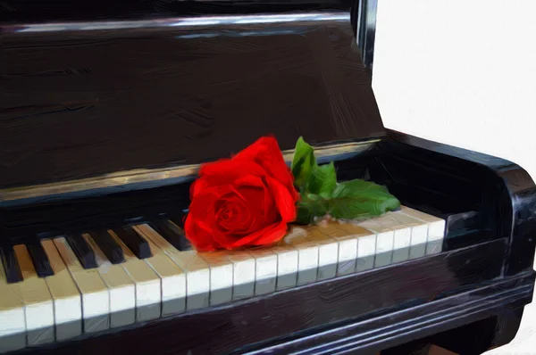 Rosa rossa sui tasti del pianoforte. Illustrazione in stile pittura ad olio . Foto Stock Royalty Free