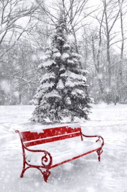 Winter scene, background. Black and white with red element. 