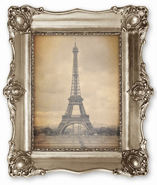 Alter Vintage-Rahmen mit stilisiertem Eiffelturm-Foto auf Leinwand. — Stockfoto
