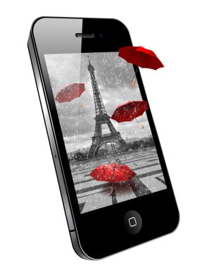 Cep telefonu ile imge üstünde belgili tanımlık perde - Eyfel Kulesi. Paris
