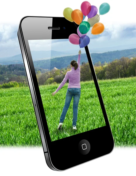 携帯電話のイメージ画面の風船を女性に — ストック写真