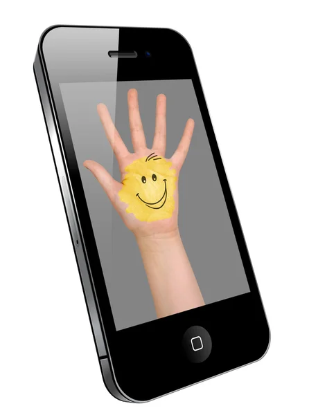 Mobile phone image on the screen - hand smile — Stock Photo, Image