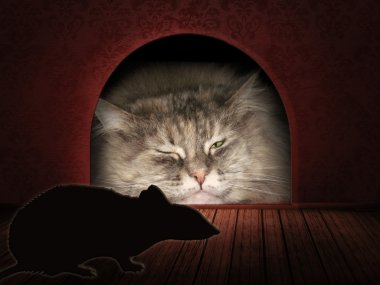 Kedi bir fare deliği bekliyor. Kavram grafiği.