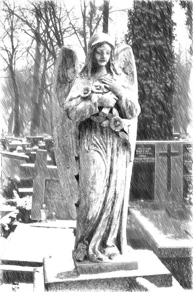 Ангел, резьба по камню. Цифровая иллюстрация в рисунке, стиле скетч — стоковое фото