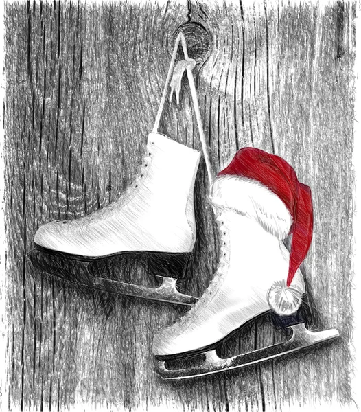 Paar weiße Schlittschuhe und Weihnachtsmann-Hut — Stockfoto