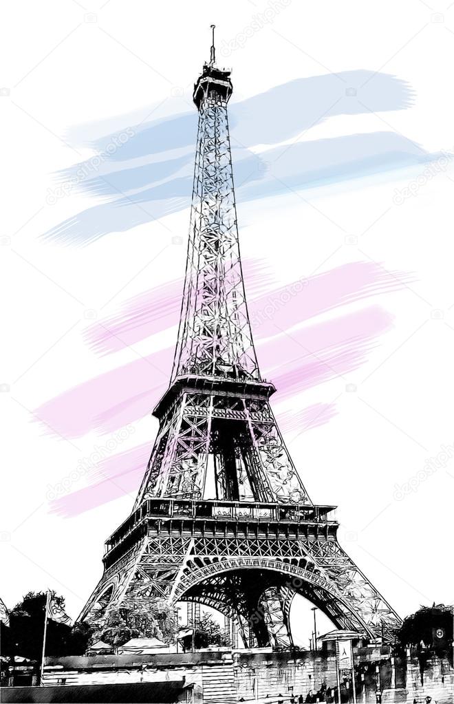 Eiffel tower. Digital illustration in draw, sketch style.