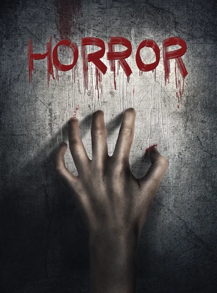 Cena de terror. Mão no fundo da parede. Cartaz, conceito de capa . — Fotografia de Stock