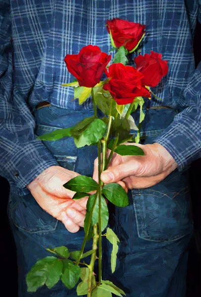 Man met bloemen achter. Digitale kunst in olieverfschilderij stijl — Stockfoto