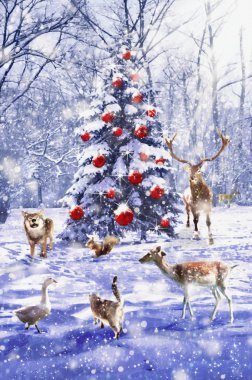 Noel ağacı. Hayvanlarla Xmas sahne. Yağlıboya Resim Stili çizimde