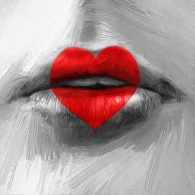 Lips with heart.  Illustration in oil painting style.  clipart