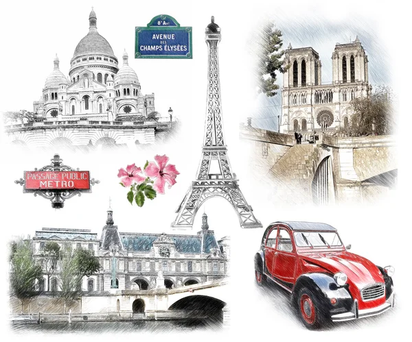 Paris'in simge leri. çizim stili.