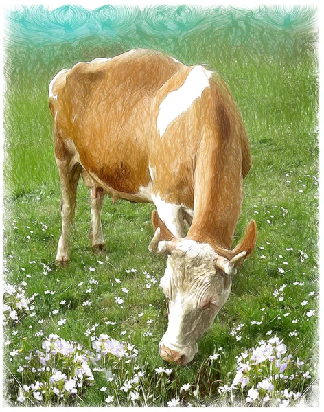 Vaca en el pasto. Ilustración en dibujo, estilo boceto . — Foto de Stock