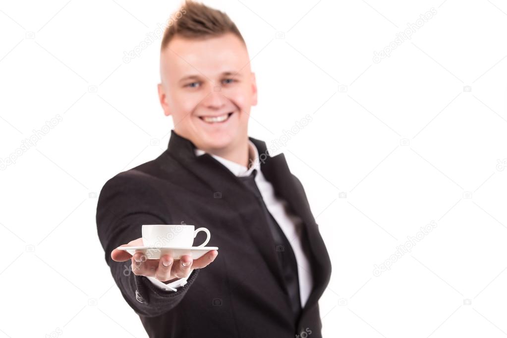 Hand sign posture hold coffee cup in isolated