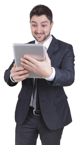 Sürpriz işadamı holding tablet — Stok fotoğraf