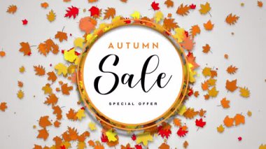 Sonbahar Satışı. Gerçekçi Düşen Sonbahar Yaprakları ve Mevsimsel Renklerle 4K Görüntü Arkaplanı Döndürülüyor.