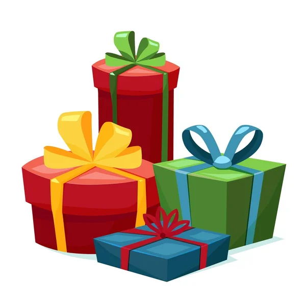 Kurdeleli dört hediye kutusu. Tatil için hazırlık. Çizgi film renkli Noel hediyeleri. Düz stil stok vektör illüstrasyonu. Beyaz arkaplanda izole.