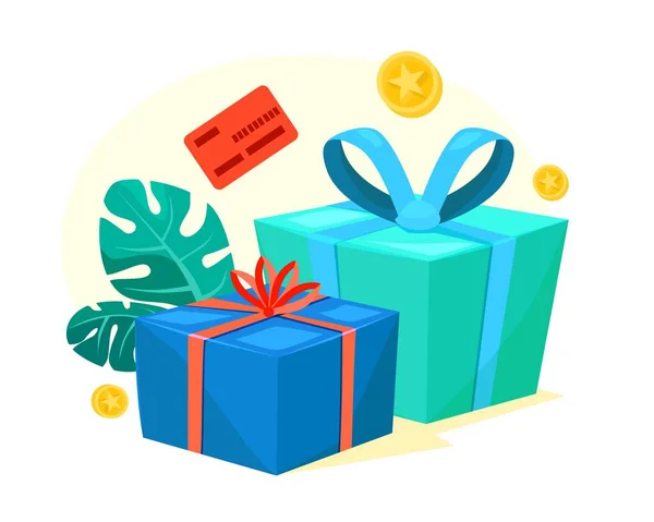 빨간색 리본이 달린 녹색, 파란색 선물 상자, 보너스 돈, 점수, 충성도 프로그램, 상, 현금을 구매용으로, 생일 선물로, 만화 아이콘 — 스톡 벡터