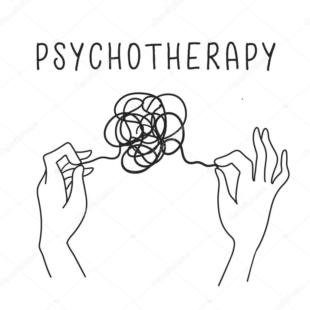 Psychotherapy concept, hands holding tangled thread. Icon in hand drawn outline style black and white
