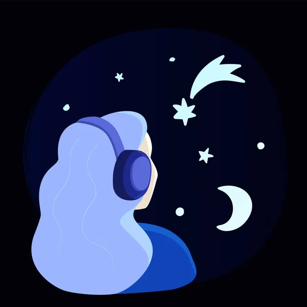 Menina ouvindo música em fones de ouvido, com a mente cheia de estrelas. Conceito cósmico de música lo-fi meditativa. Ilustração vetorial estilo plano moderno. céu noturno backgrund — Vetor de Stock