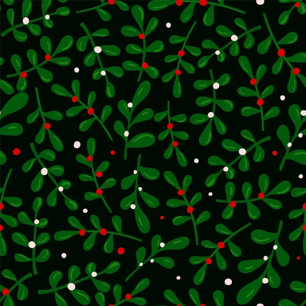 Naadloos patroon met groene maretak bladeren en rode bessen. Kerstpatroon. — Stockvector