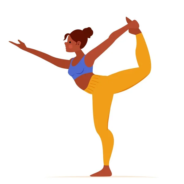 Cartoon Mädchen praktiziert Yoga-Übung Herr des Tanzes isoliert auf weißem Hintergrund. Yogini zeigt natarajasana Pose König der Tänzer Vektor flache Illustration. Weiblicher Charakter mit flexiblem Körper Vektorgrafiken