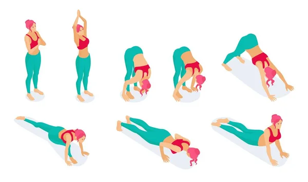 Set di pose isometriche yoga, palestra di stretching esercizi di fitness yoga posizione del cane icone isometriche. Illustrazione del vettore di saluto del sole — Vettoriale Stock