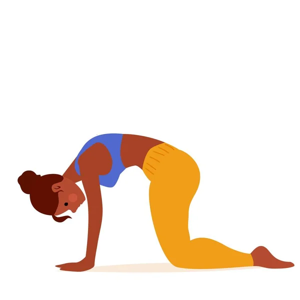 Egzersiz yapan kadın İnek pozu veriyor, sırt kaslarını esnetiyor ve omurilik esnekliğini arttırıyor. Çalışkan bayan sporcu karikatür çizimi