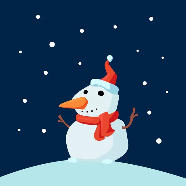 Різдвяний чоловічок Веселий сніговик з Червоним Скарфом і Санта-Капом у снігу. Різдвяний персонаж карикатури. — стоковий вектор