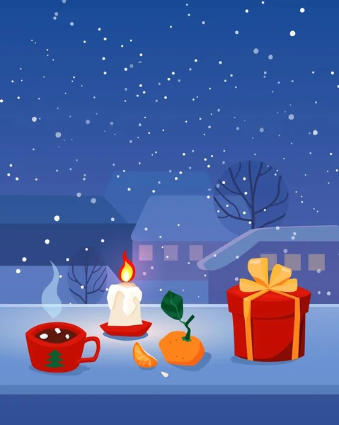 Gemütliche Weihnachtsfenster Illustration mit einer Geschenkbox, einem Handgriff, einer Mandarine und einer Tasse Heißgetränk. Winter schneebedeckter Hintergrund mit nächtlichen Stadtumrissen, Sternen, Lichtern. Vektorillustration lizenzfreie Stockillustrationen