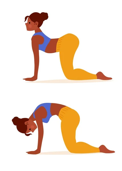 Mujer en yoga Cat Cow pose, dos pasos para estirar la espalda y promover la flexibilidad espinal. Ilustración sobre la guía de ejercicios. — Vector de stock