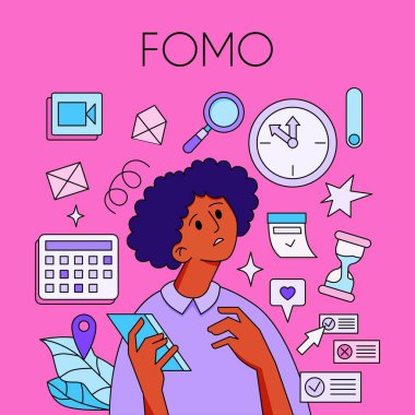 FOMO - Kaçırılma korkusu. Sosyal medya sembolleri ve uyarılarla çevrili genç bir kadın telefonu elinde tutuyor. Jeotaglar, kalpler. Kız şaşırdı, şoka girdi, kafası karıştı. Vektör