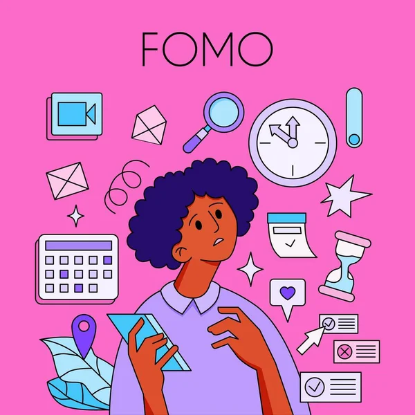 FOMO - Kaçırılma korkusu. Sosyal medya sembolleri ve uyarılarla çevrili genç bir kadın telefonu elinde tutuyor. Jeotaglar, kalpler. Kız şaşırdı, şoka girdi, kafası karıştı. Vektör