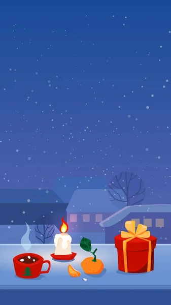 Gemütliche Weihnachtsgeschichten, Isolation zu Hause, Schneefall in der Stadt, Kerzengeschenk und ein Stück Heißgetränk. Hintergrund mit nächtlichen Stadtumrissen, Sternen, Lichtern. Vektorillustration lizenzfreie Stockillustrationen