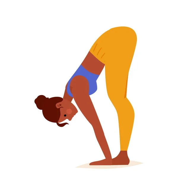 Giovane donna che pratica Yoga. In piedi mezza avanti piegare la posizione. Donna allenamento fitness, aerobica ed esercizi. Illustrazione del fumetto vettoriale. — Vettoriale Stock