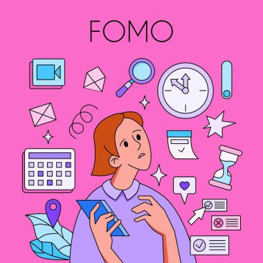 FOMO, konsepti kaçırma korkusu. Sosyal medya ikonlarıyla çevrili telefonlu bir kadın. Moda tarzı. Vektör illüstrasyonu.