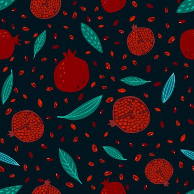 Dekoratif nar aromalı meyve ve yapraklı el yapımı, dikişsiz çiçek deseni. Çiçek yinelenen arka plan. Doğal baskı dokusu. Duvar Kağıdı.