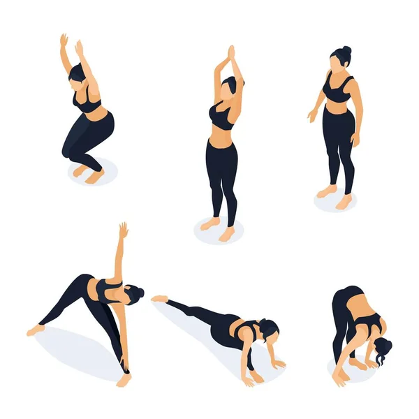 Donna isometrica in posizioni yoga isolato su bianco. Illustrazione vettoriale dello stretching femminile, allenamento in palestra. Posa della sedia, posa del triangolo, piega, levarsi in piedi, posa della montagna — Vettoriale Stock