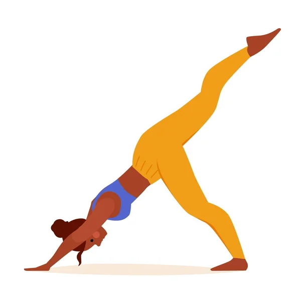 Illustrazione vettoriale di una donna in tuta che pratica yoga allungando e piegando la colonna vertebrale. Vettoriale cartone animato di ragazza in posa cane rivolto verso il basso con gamba sollevata. — Vettoriale Stock