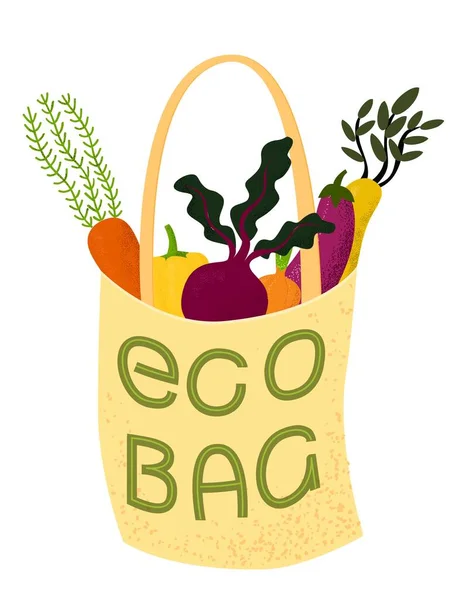 Eko çanta. İçinde harf olan organik sebzelerle dolu kumaşın vektör illüstrasyonu.