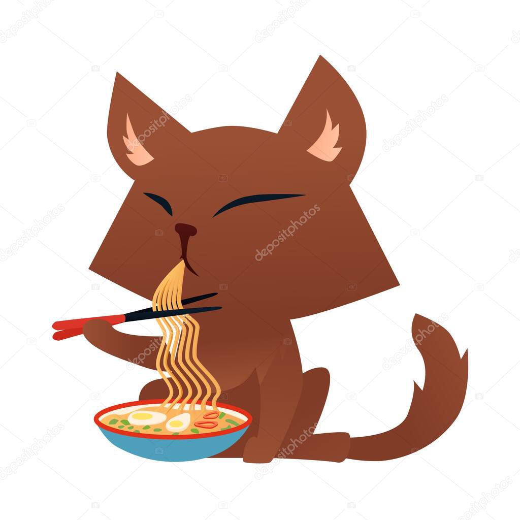 Cartoon cat character eating ramen noodle with chopsticks design tempate