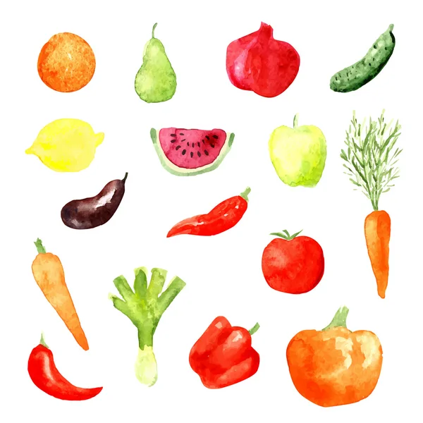 Icone di frutta e verdura acquerello, illustrazione vettoriale, melanzana, carota, cetriolo, anguria — Vettoriale Stock