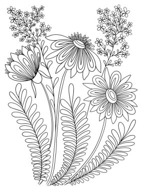 Çiçek buketi boyama bitkisel grafik vektör taslağı beyaz arkaplanda izole edilmiş çizim kitabı sayfası çocuklar ve yetişkinler için stres karşıtı stres karşıtı