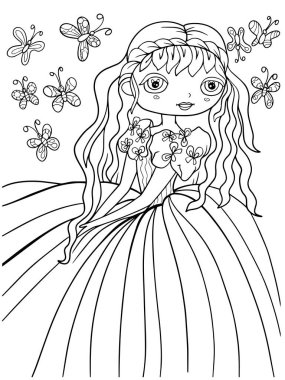 Prenses illüstrasyon kitabı taslak çizimi resim çizimi çocuklar için beyaz bir arka plan kız sayfasına kelebek balo elbisesi çizimi