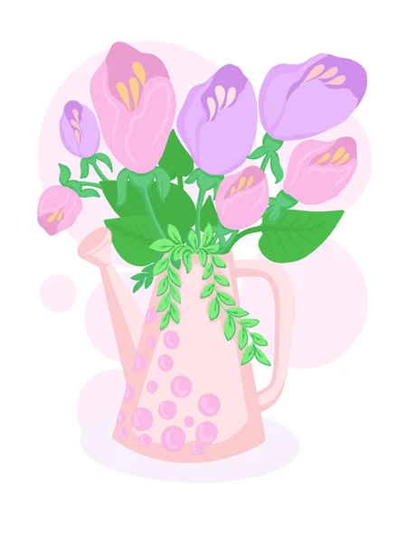 Blumenstrauß Farbe Illustration Postkarte Einer Gießkanne Vektor Bild Hand Zeichnung — Stockvektor