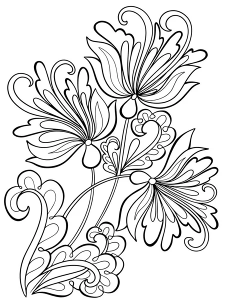 Fantasía Para Colorear Libro Flores Plantas Esquema Trazo Sobre Fondo — Vector de stock